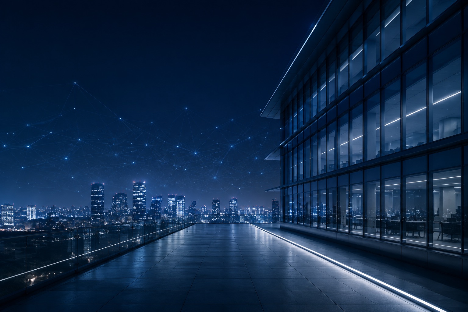 Digitale, vernetzte Unternehmenswelt bei Nacht